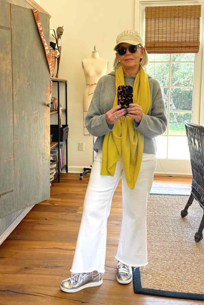 Quince Cashmere hoodie and Frank and Eileen jeans