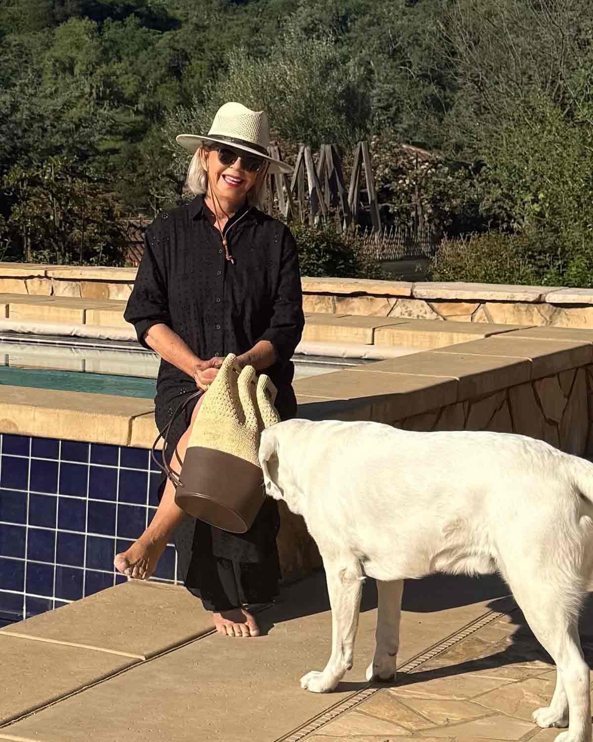 cindy hattersley in lands end kaftan/coverup in black eyelet