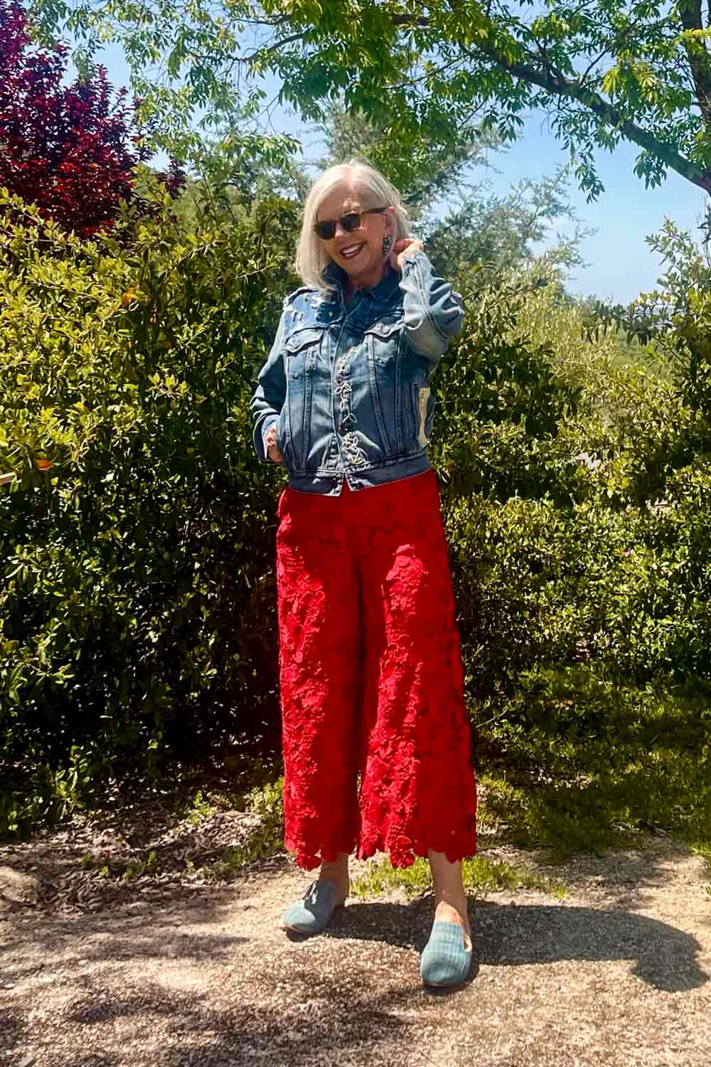 Red Guipure Lace Pants with denim jacket