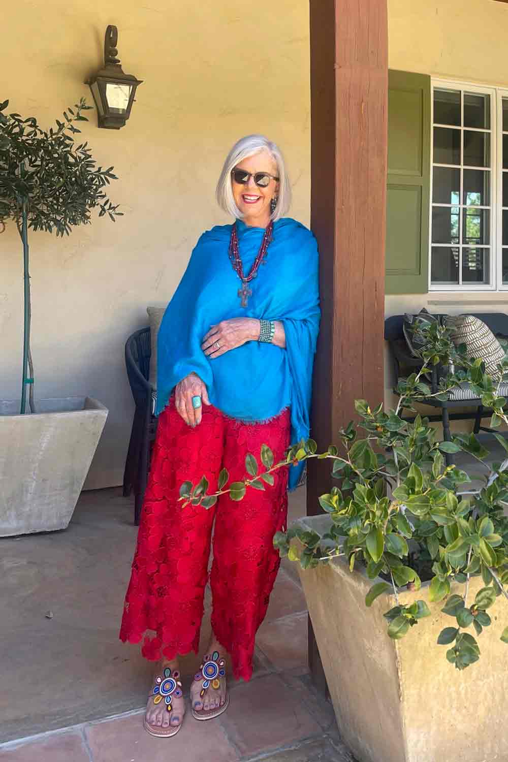 red lace pants and blue wrap