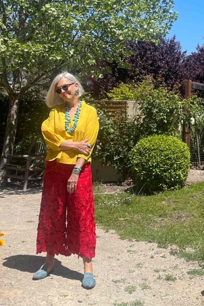 Yellow Mersea Top and Red Lace Pants