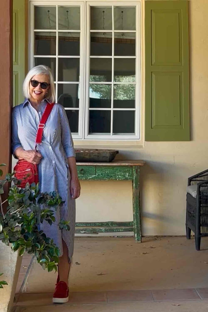 BR Shirt Dress with Crossbody & Red Sneakers