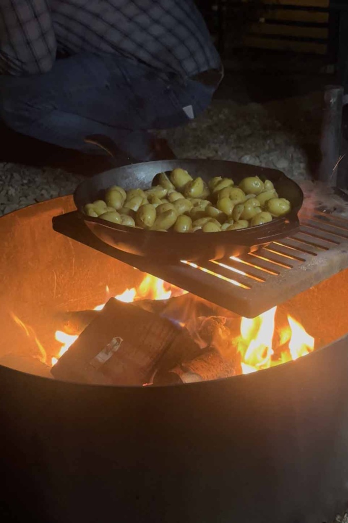 Potato Salad in Cast Iron Skillet over Open Fire Auto Camp