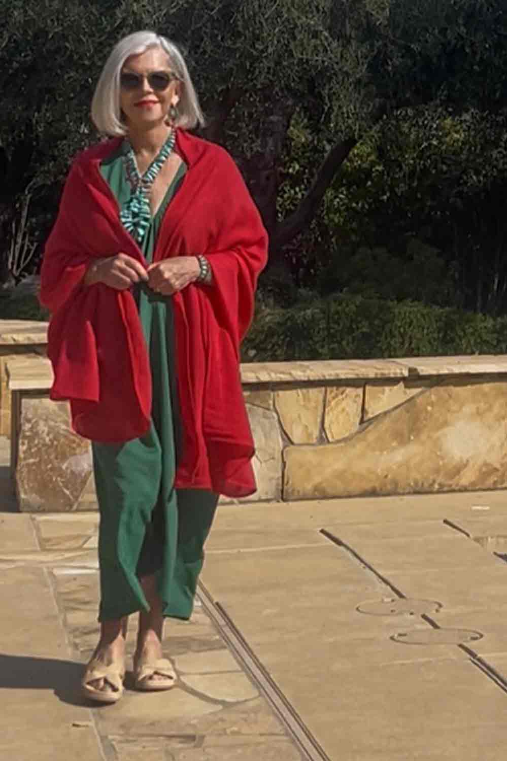Mersea green kaftan with red wrap