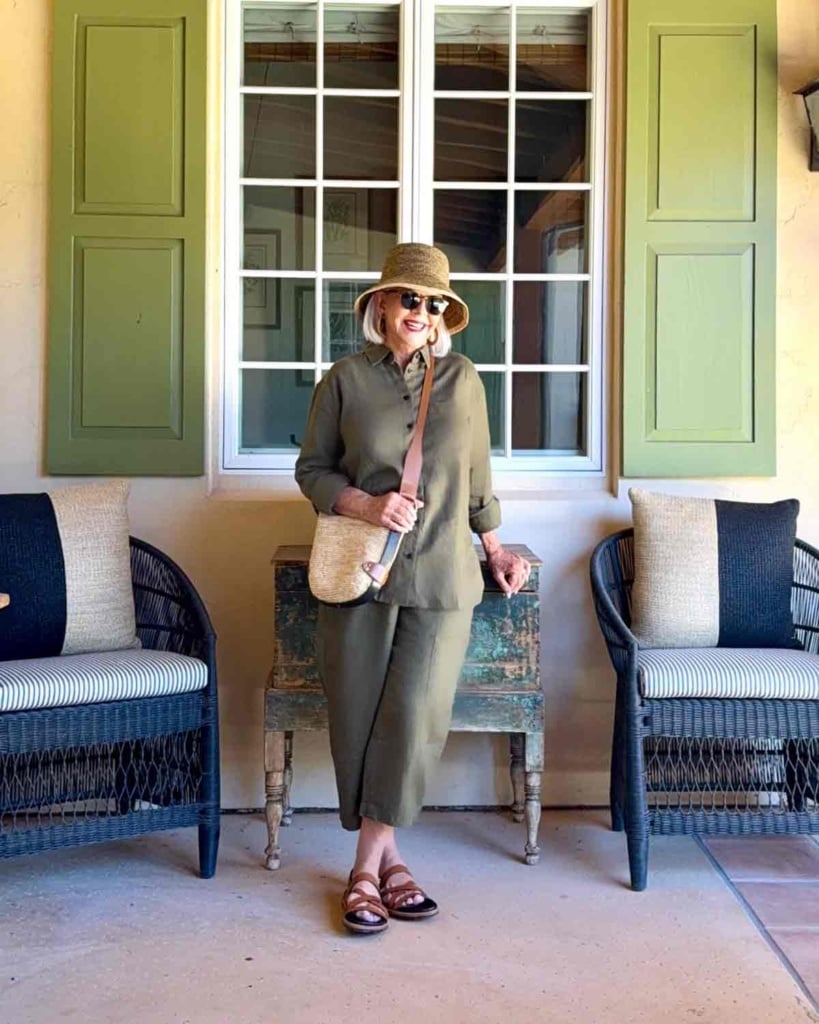 cindy hattersley wearing olive green linen two piece set from Banana Republic, women over 60 style