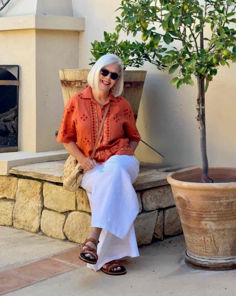 BR embroidered linen shirt & linen pants from Lands End -cindy hattersley over 60 style