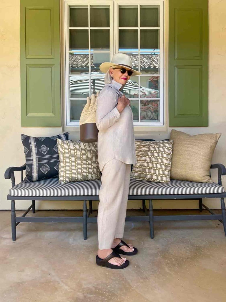 Quince two piece linen set with Janessa Leone accessories