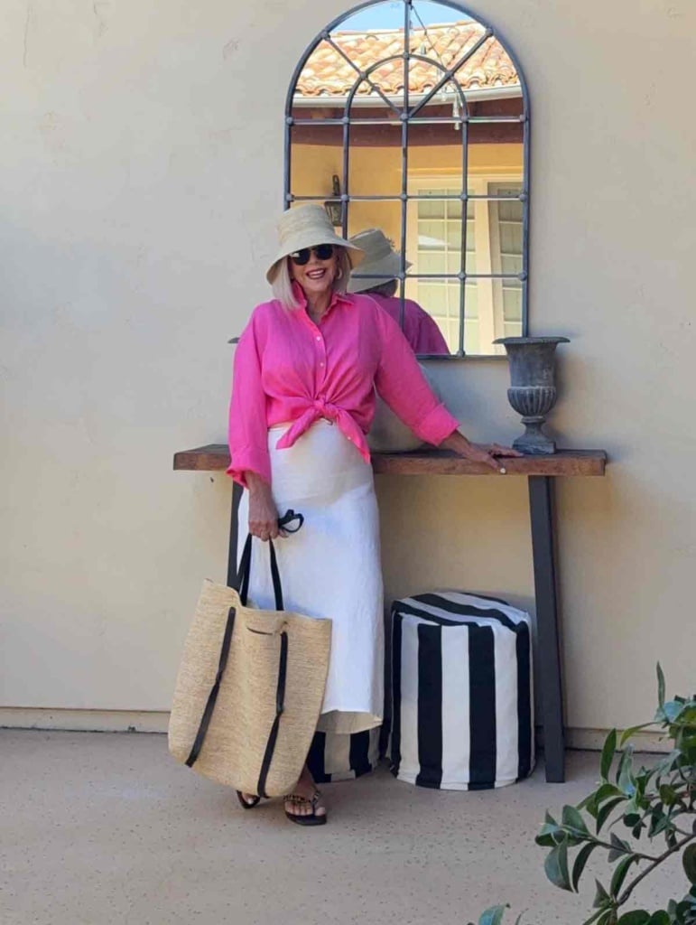 cindy hattersley in mersea linen skirt and spanx shirt style after 60