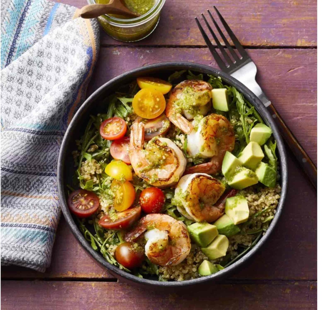 Charred Shrimp Pesto Quinoa Bowls