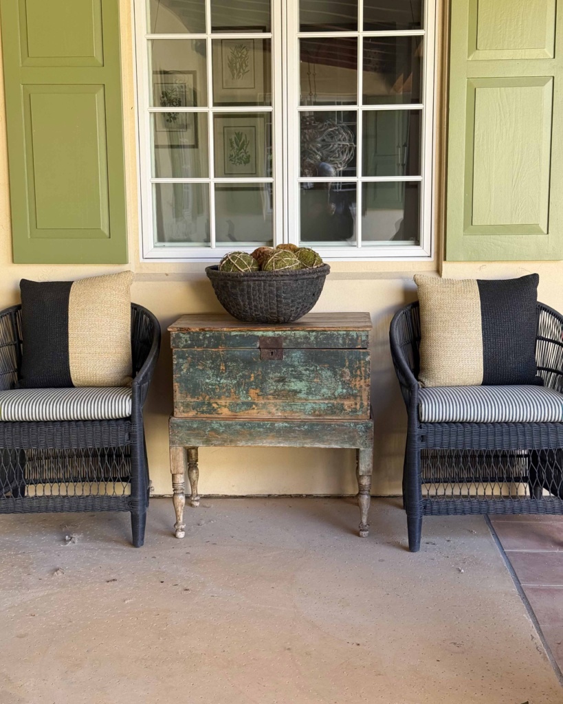 courtyard chairs and antique mexican chest