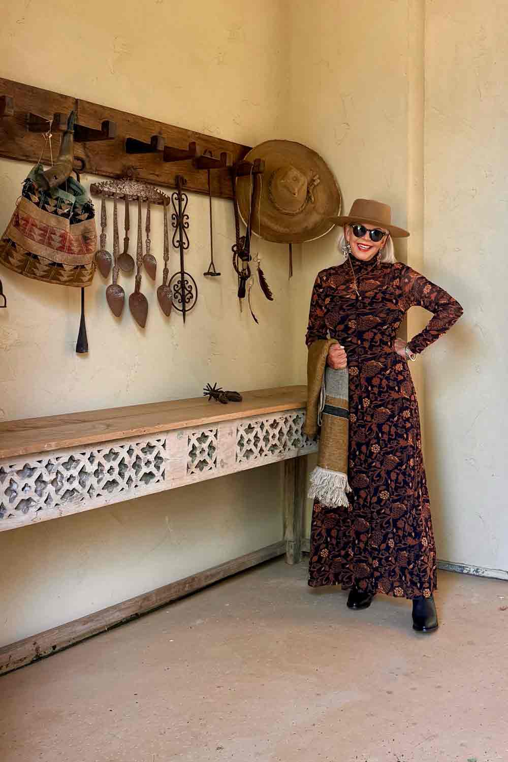 Banana Republic Mesh Dress with Gigi Pip hat & Cowboy boots