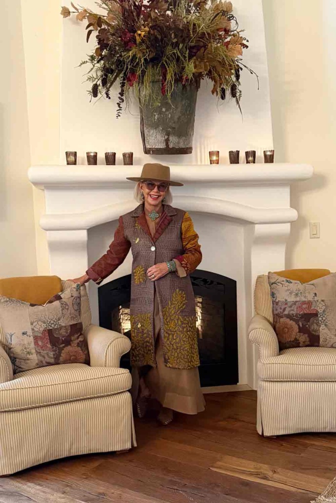 BR organza maxi dress with Kantha Coat