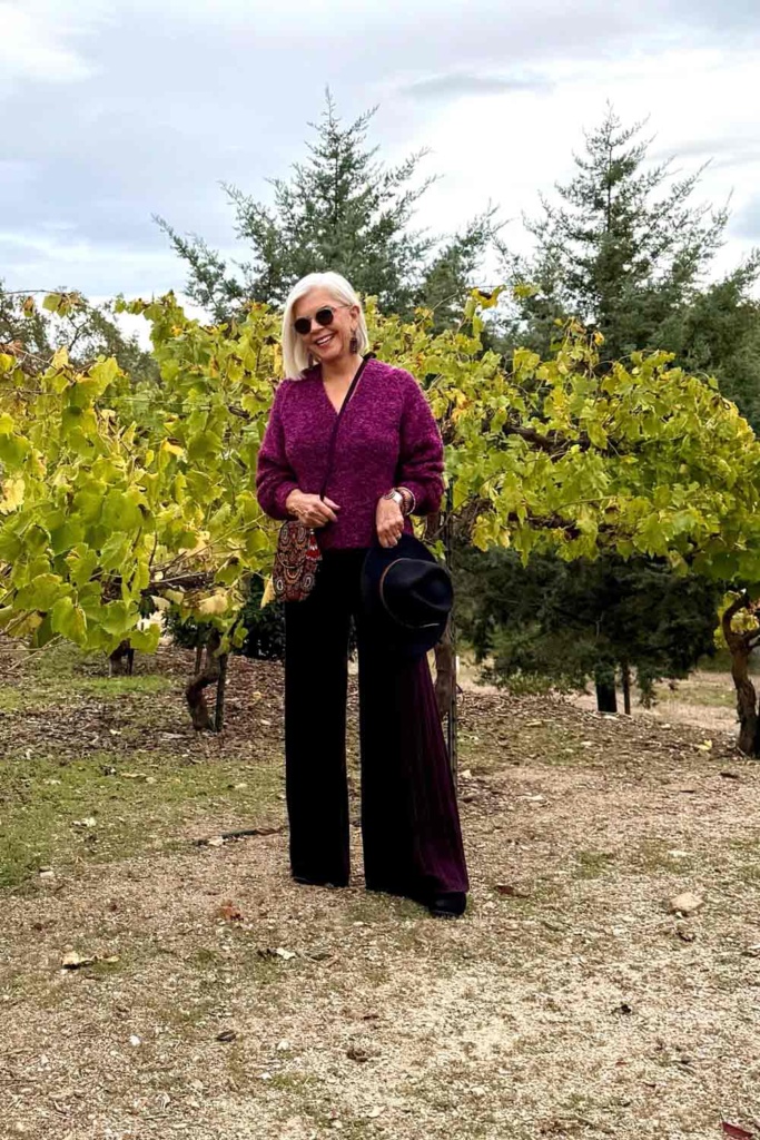 cindy hattersley dressed in a column of wine