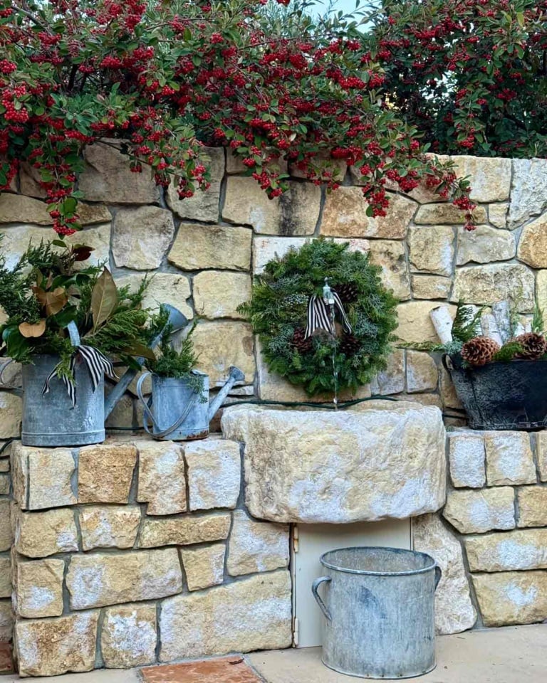 courtyard fountain decorated for Christmas