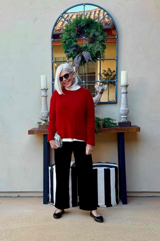 Quince Red Cashmere Sweater, Velvet Pants & Ballet Flats