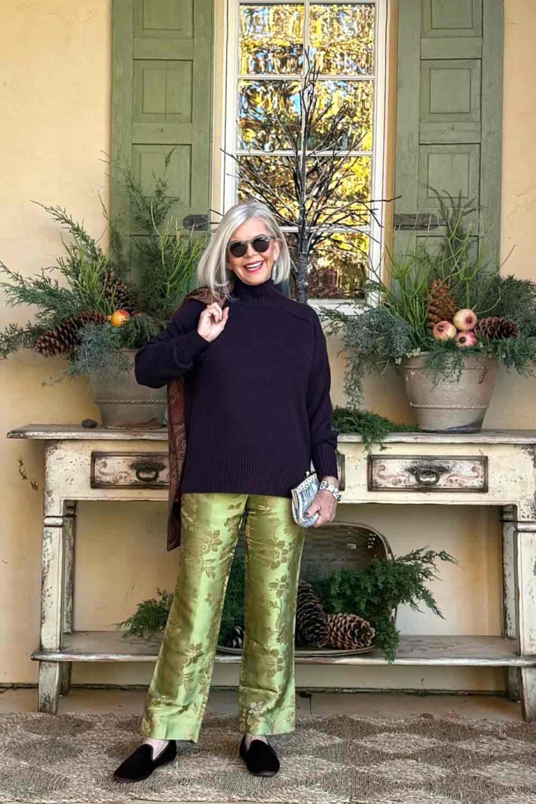 Satin pants & cashmere sweater holiday look