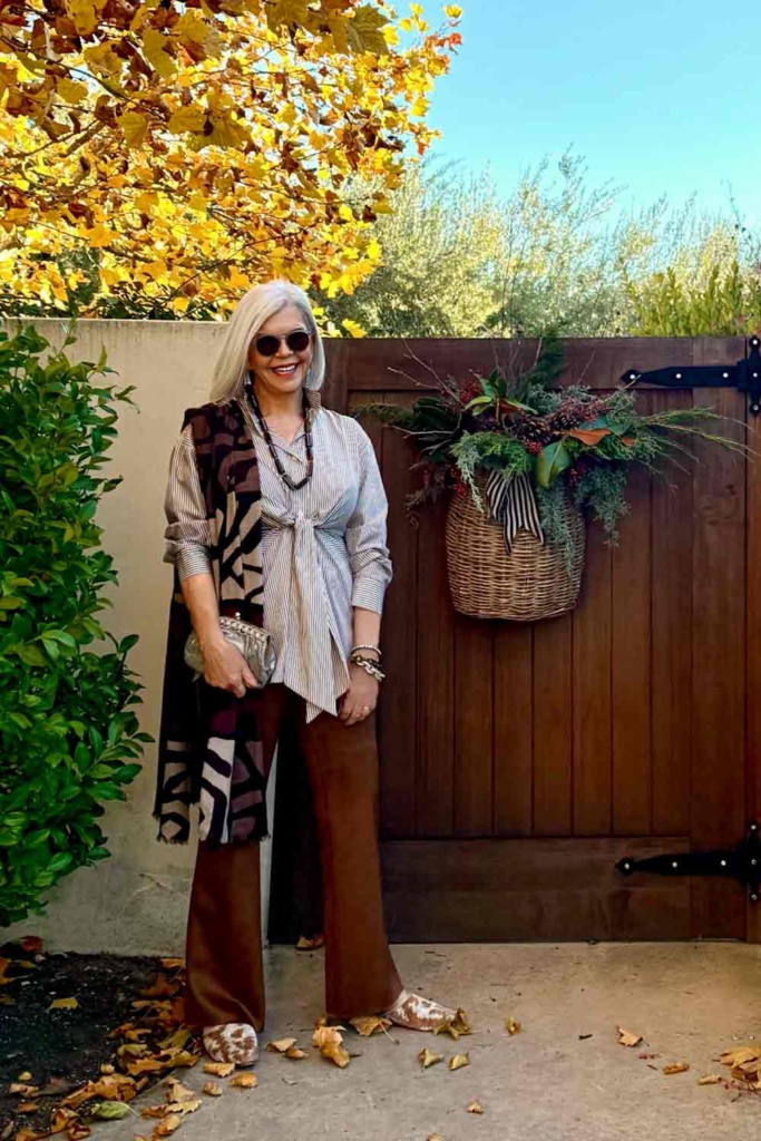 Tie Waist Shirt Faux Suede pants holiday look