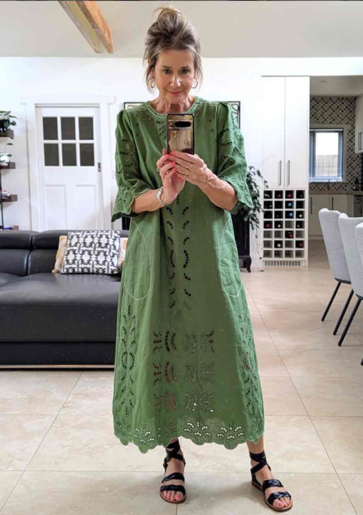 suzy richetti in green cutwork dress