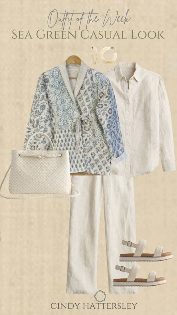 J Crew Linen paired with Etsy Jacket & Quince Accessories