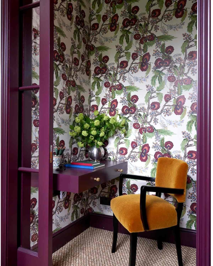 House and Garden Room with purple floral wallpaper