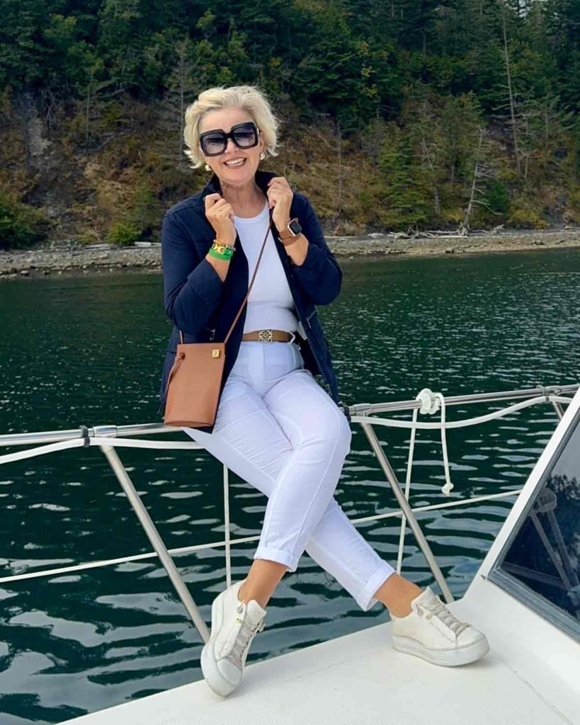 Renate McSherry in navy blazer and white pants