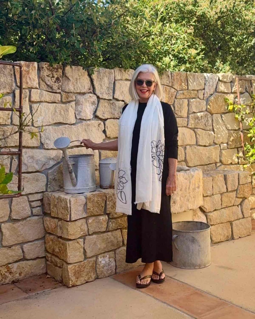 cindy hattersley in black tuckernuck dress zara scarf