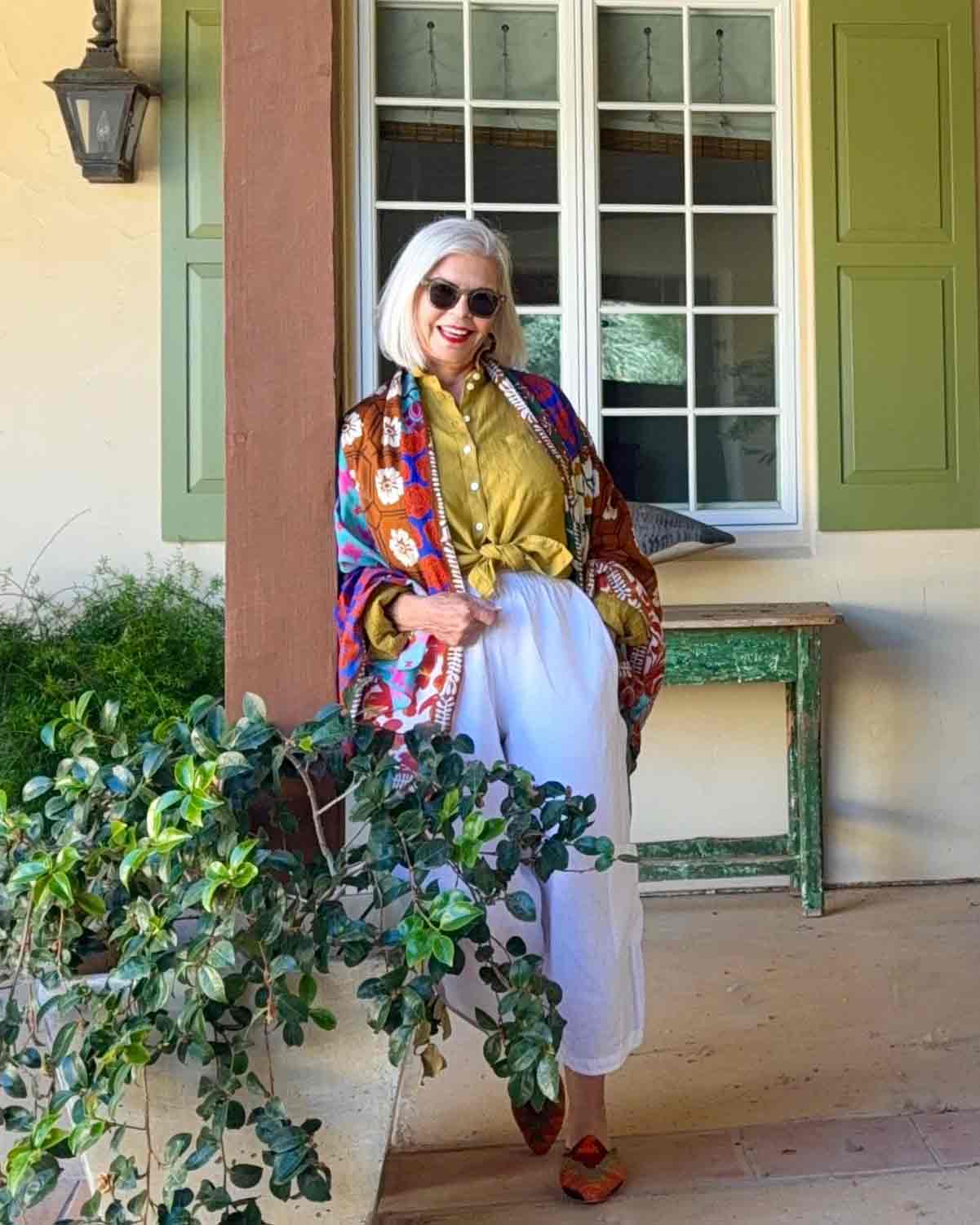 cindy hattersley in colorful zara scarf & linen pants