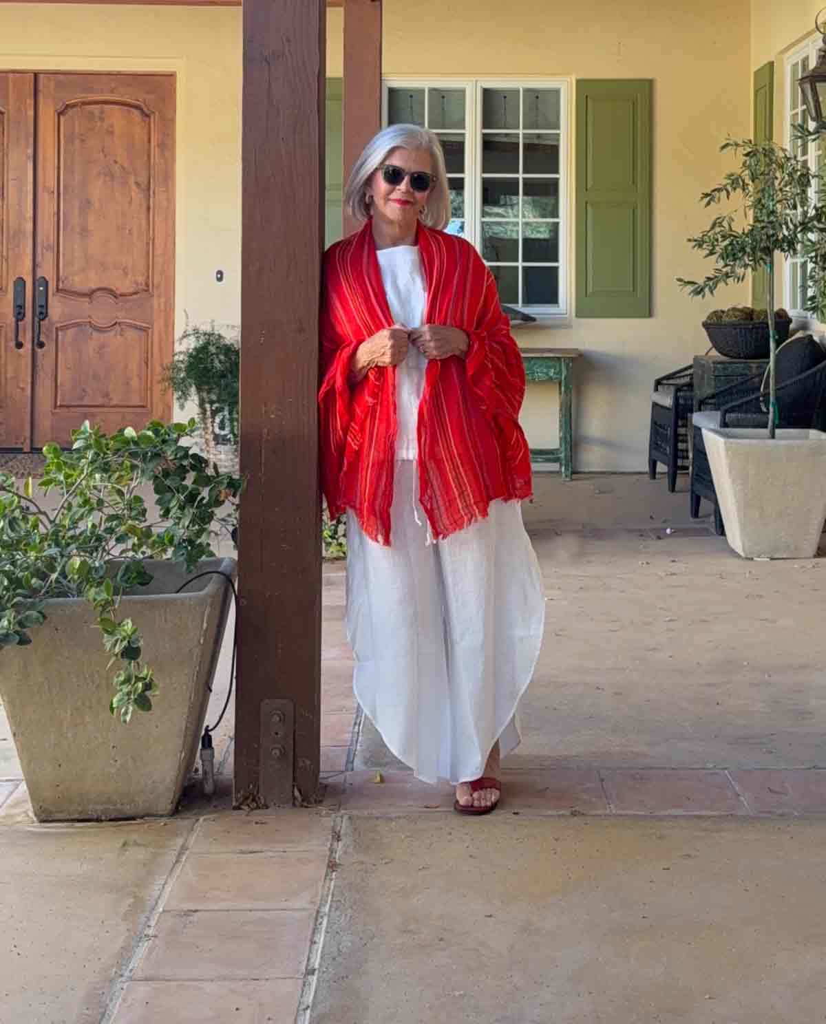 Red zara scarf and white outfit
