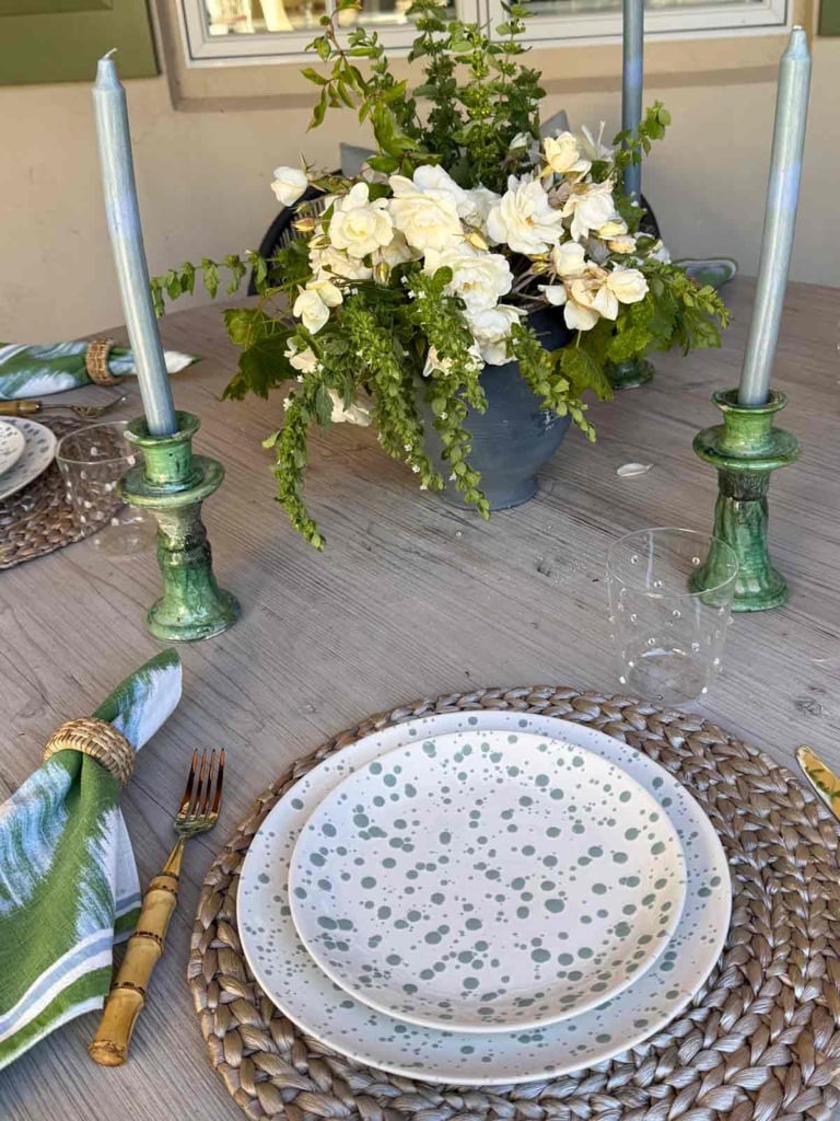 Blue and green tablescape up close