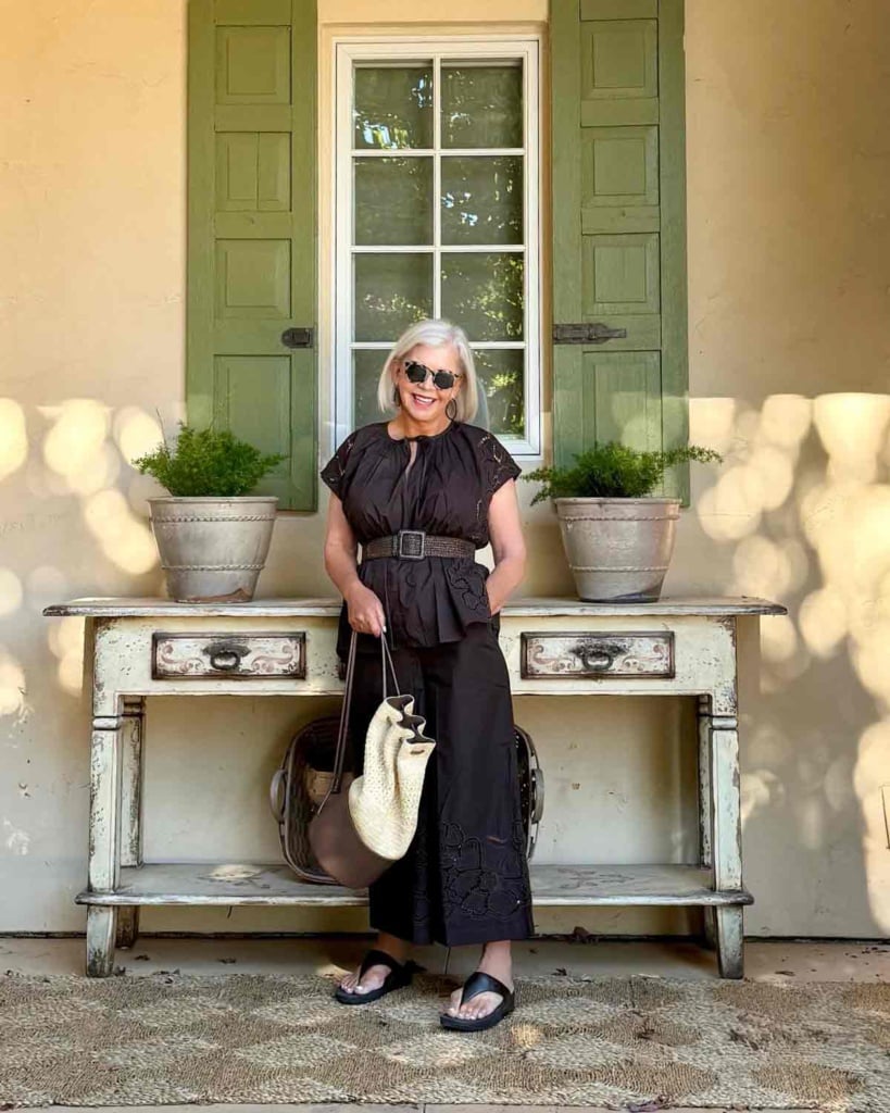 cindy hattersley in a brown Banana Republic set with cut out work