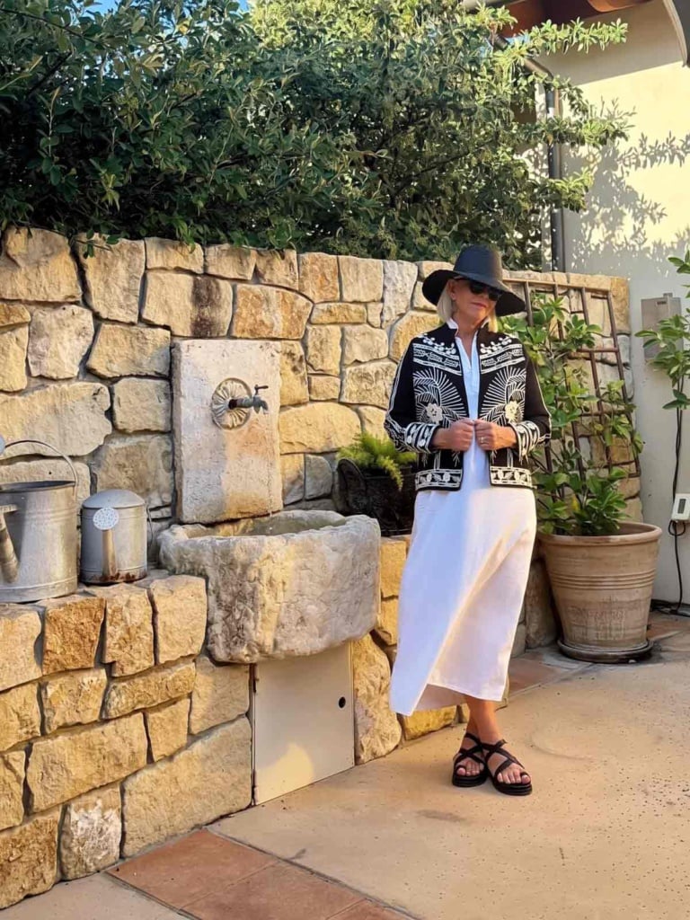 styling a white dress with Boden Elena cardigan for women over 60