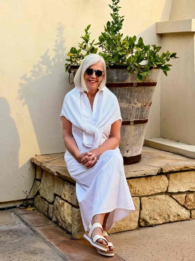 White dress layered with Frank and Eileen Monterey pointelle sweater