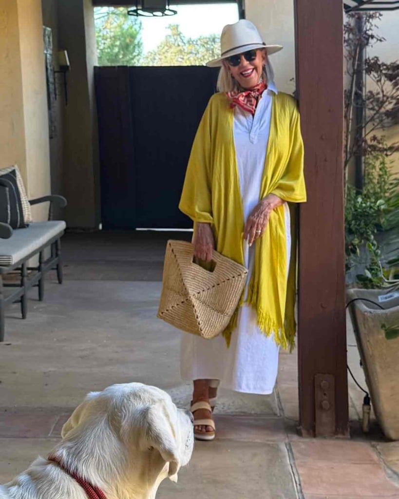 one dress styled with a linen Mersea scarf for travel