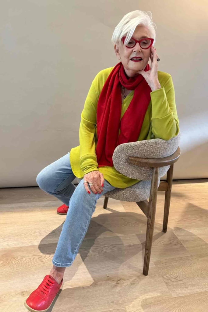 Jenny Leroux in chartreuese and red